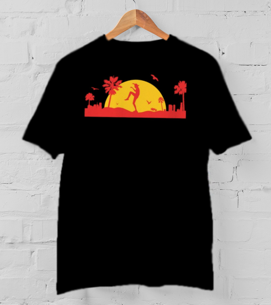 Sunset Crane Club Martial Arts Silhouette With Palm Trees And Birds T-Shirt