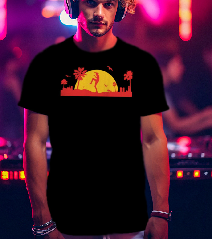 Sunset Crane Club Martial Arts Silhouette With Palm Trees And Birds T-Shirt