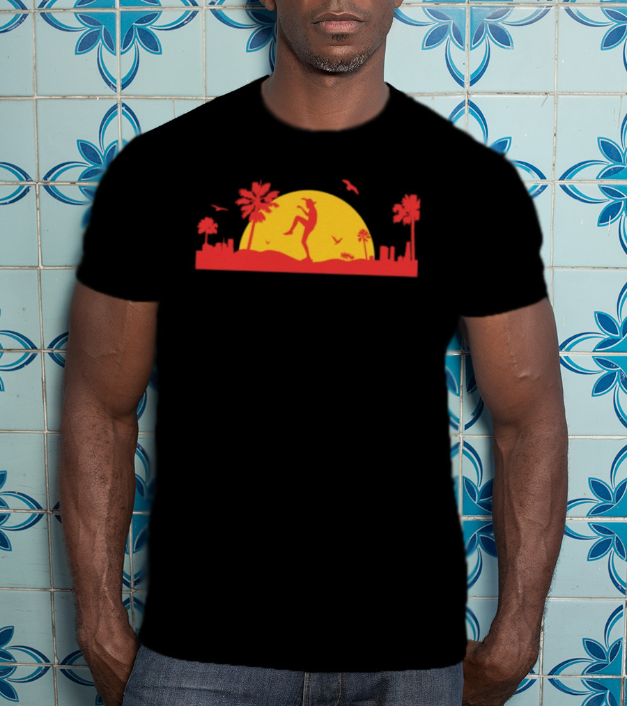 Sunset Crane Club Martial Arts Silhouette With Palm Trees And Birds T-Shirt