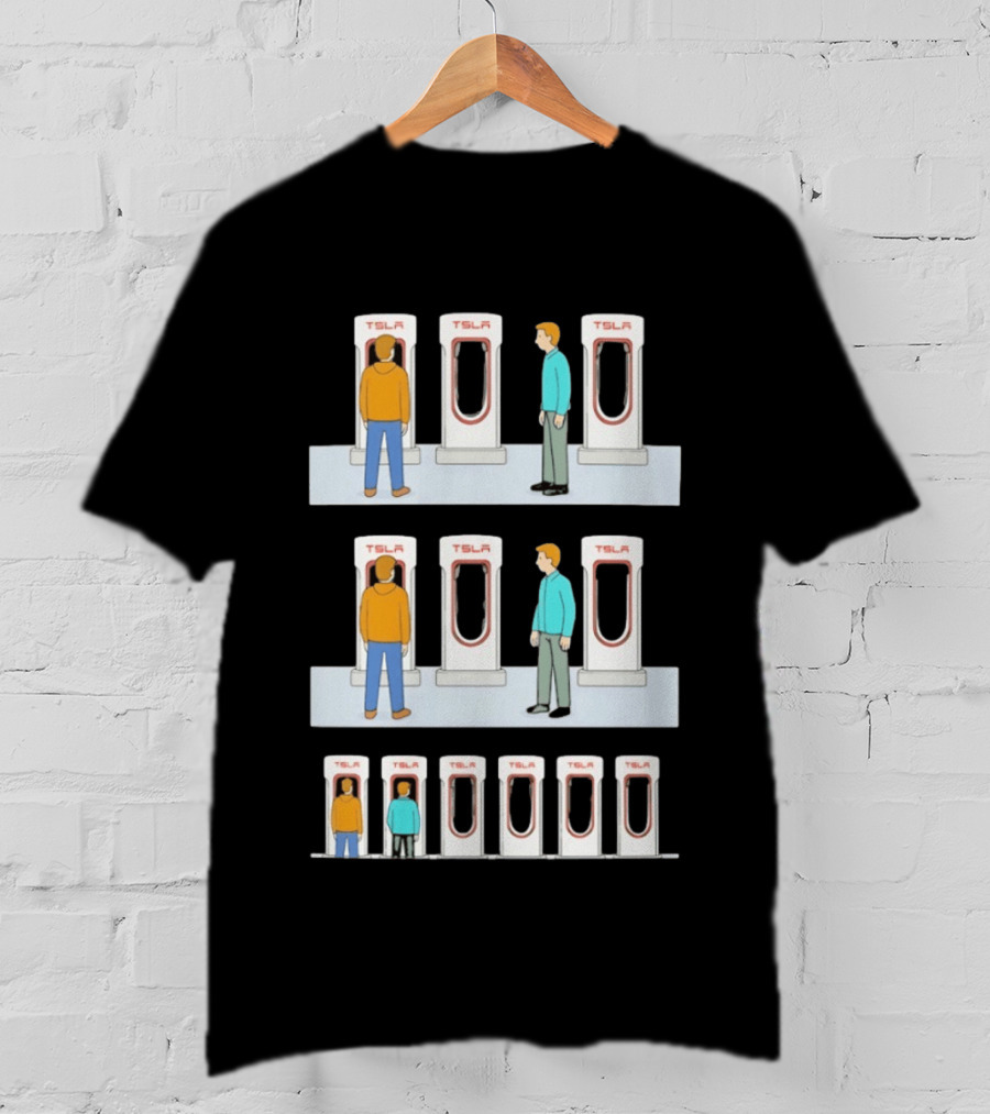 Tesla Comic Strip Charging Supercharger Urinals Parking Humor T-Shirt