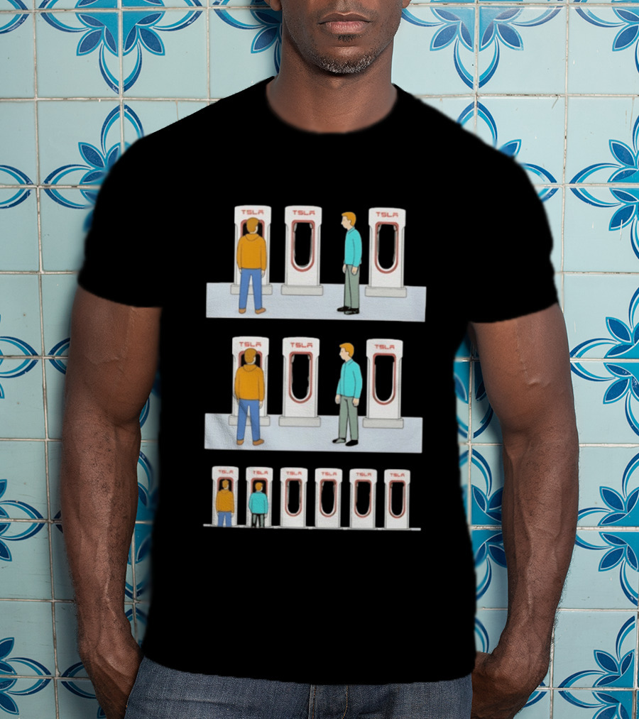 Tesla Comic Strip Charging Supercharger Urinals Parking Humor T-Shirt