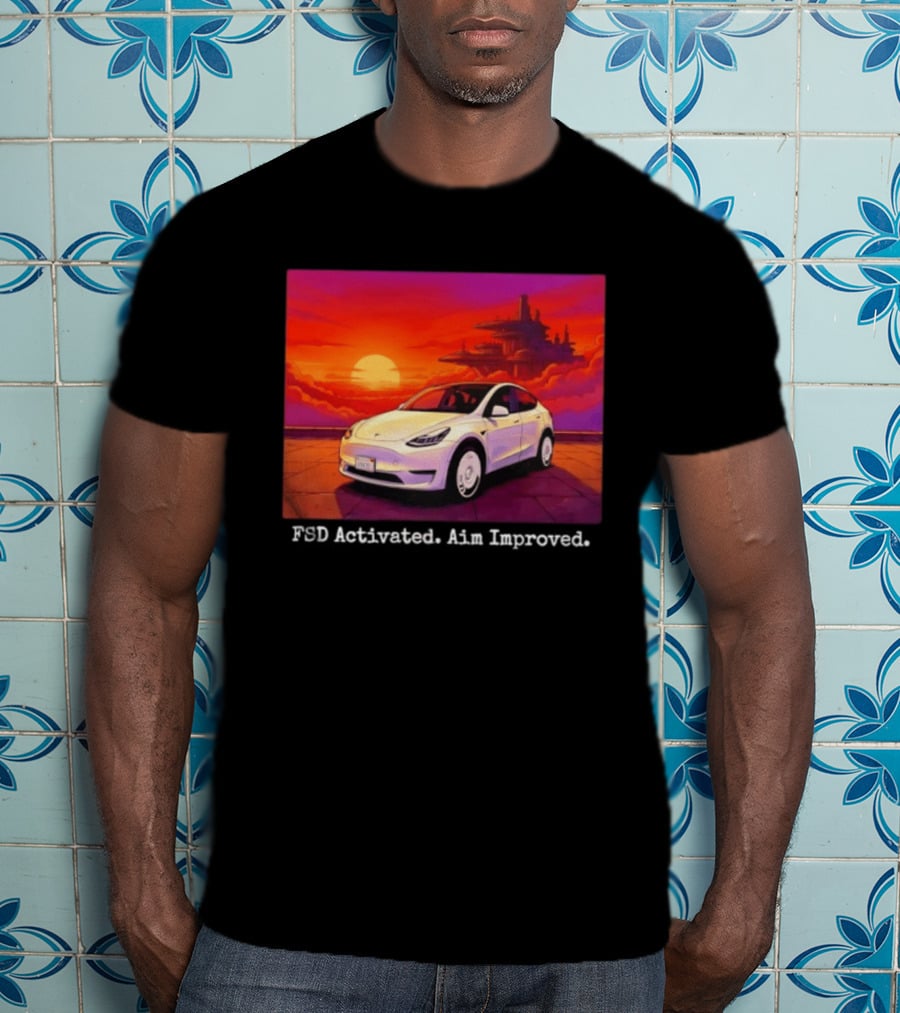 Tesla Model Y FSD Activated Aim Improved Sunset Futuristic City Scene T-Shirt