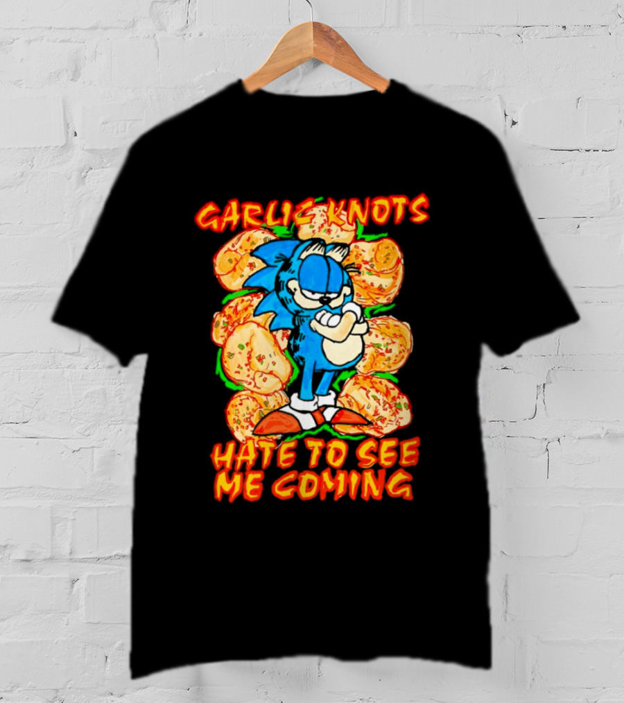 Garlic Knots Hate To See Me Coming Blue Character Surrounded By Cheesy Snacks T-Shirt
