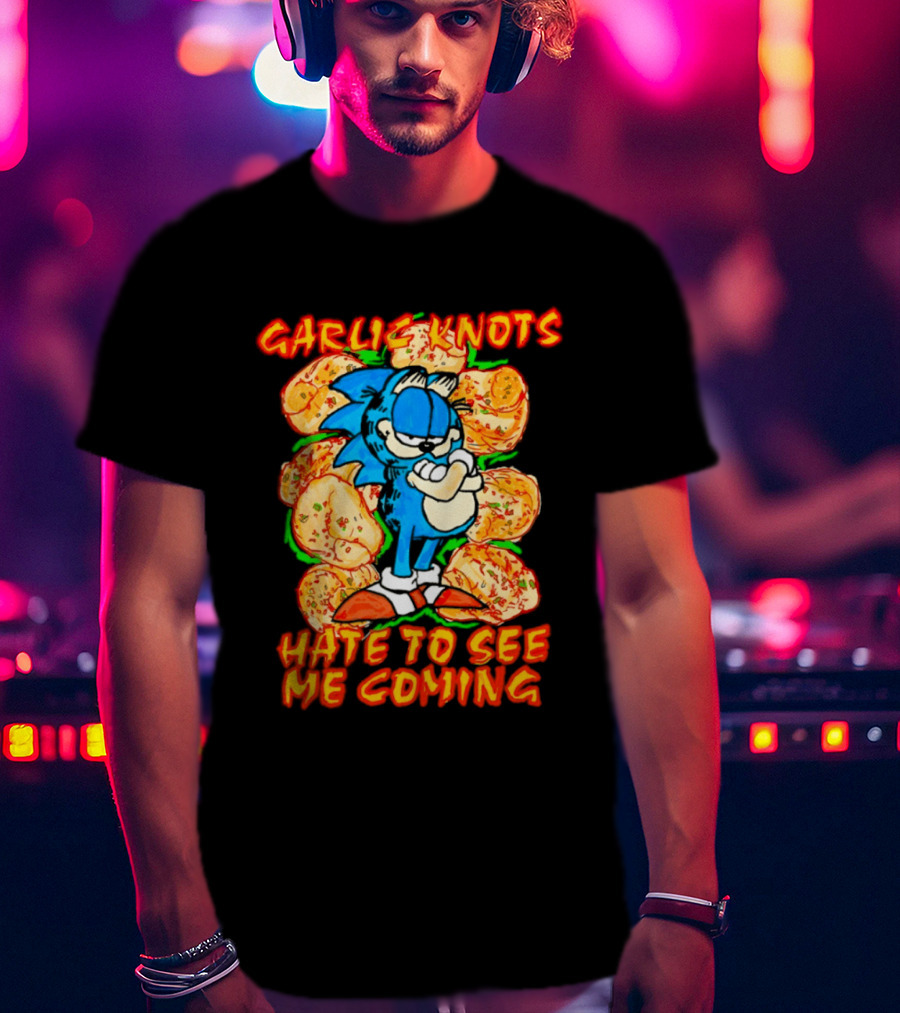 Garlic Knots Hate To See Me Coming Blue Character Surrounded By Cheesy Snacks T-Shirt
