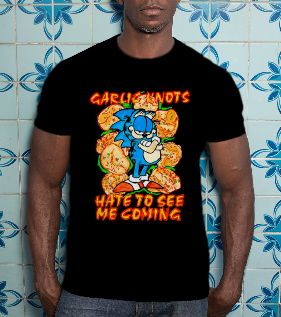 Garlic Knots Hate To See Me Coming Blue Character Surrounded By Cheesy Snacks T-Shirt