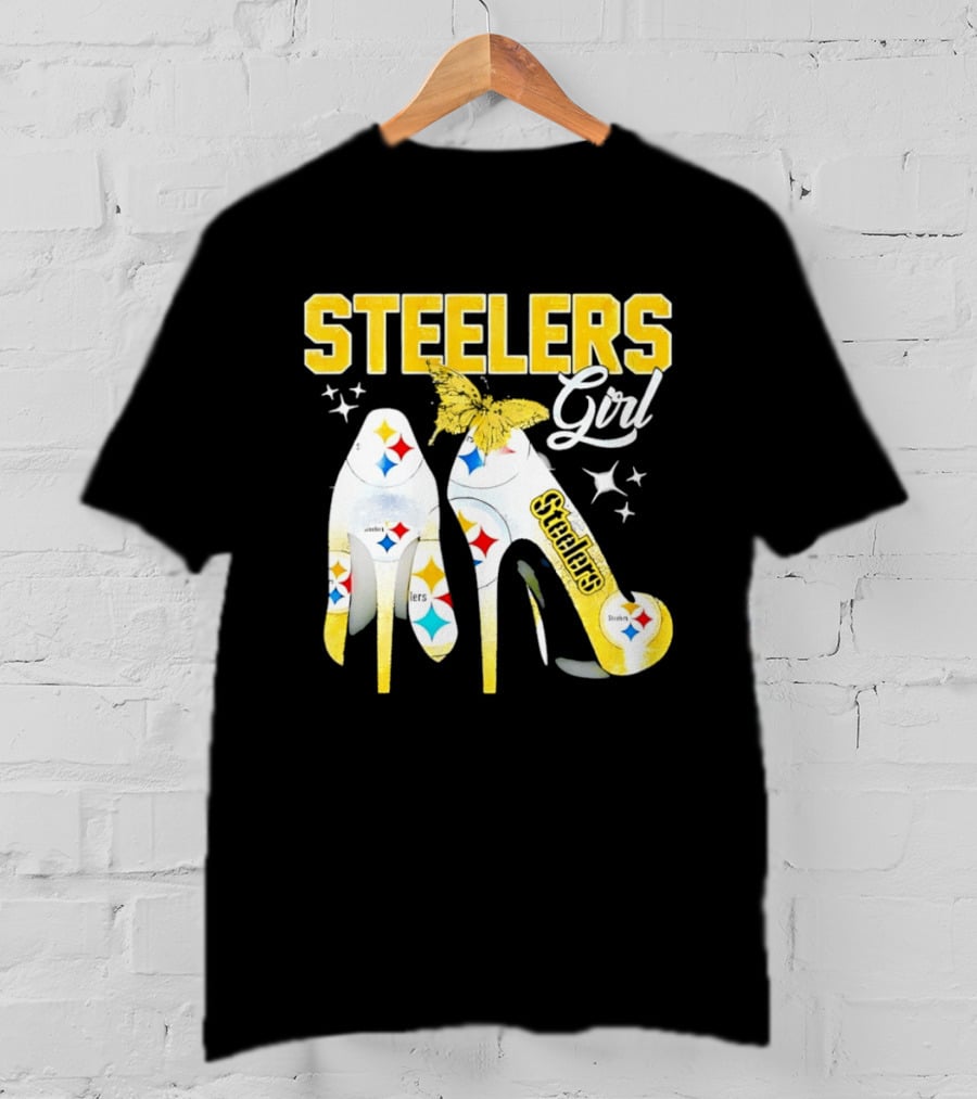 Steelers Girl High Heels With Butterfly And Stars T-Shirt