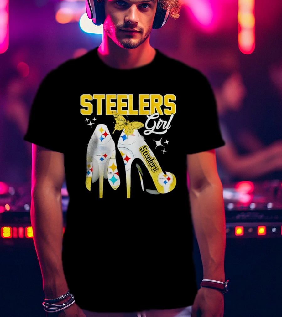 Steelers Girl High Heels With Butterfly And Stars T-Shirt