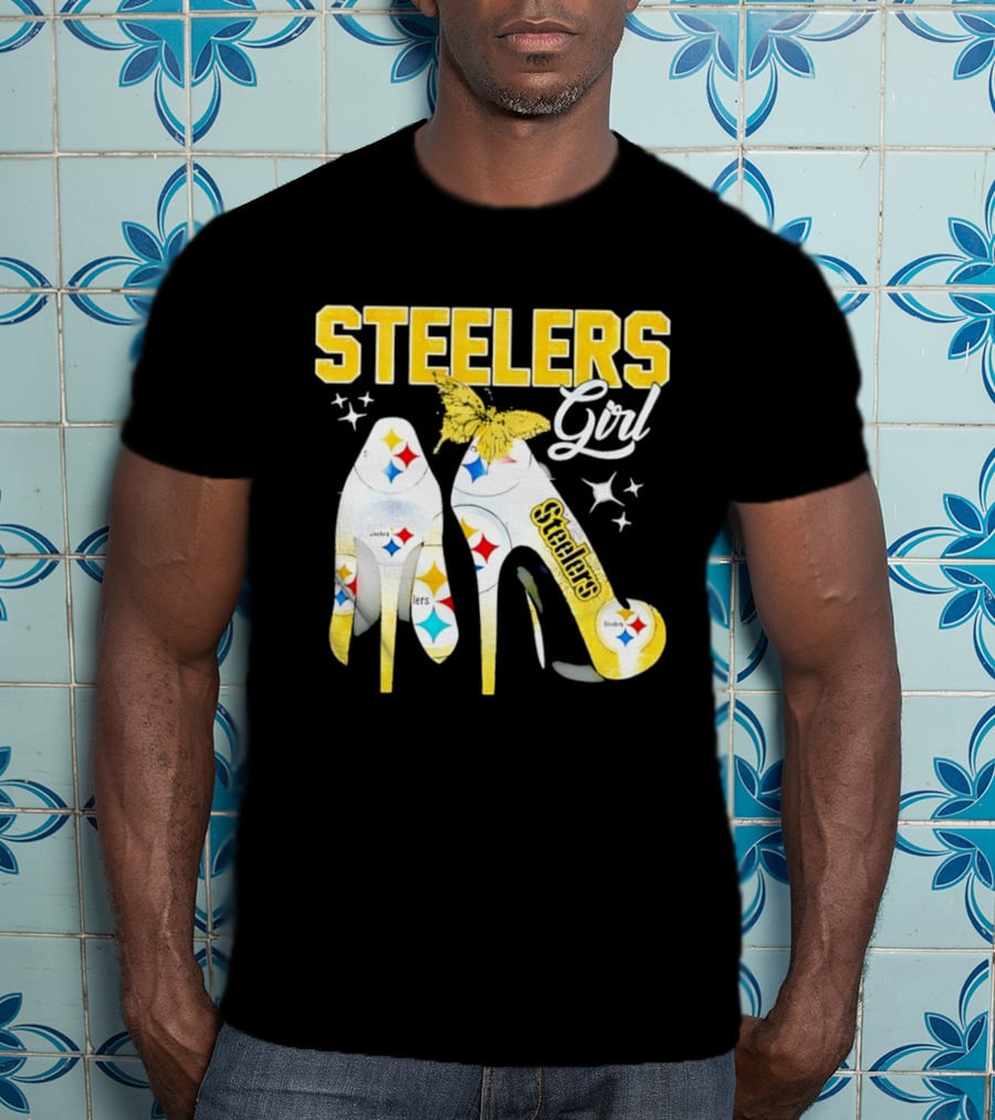 Steelers Girl High Heels With Butterfly And Stars T-Shirt