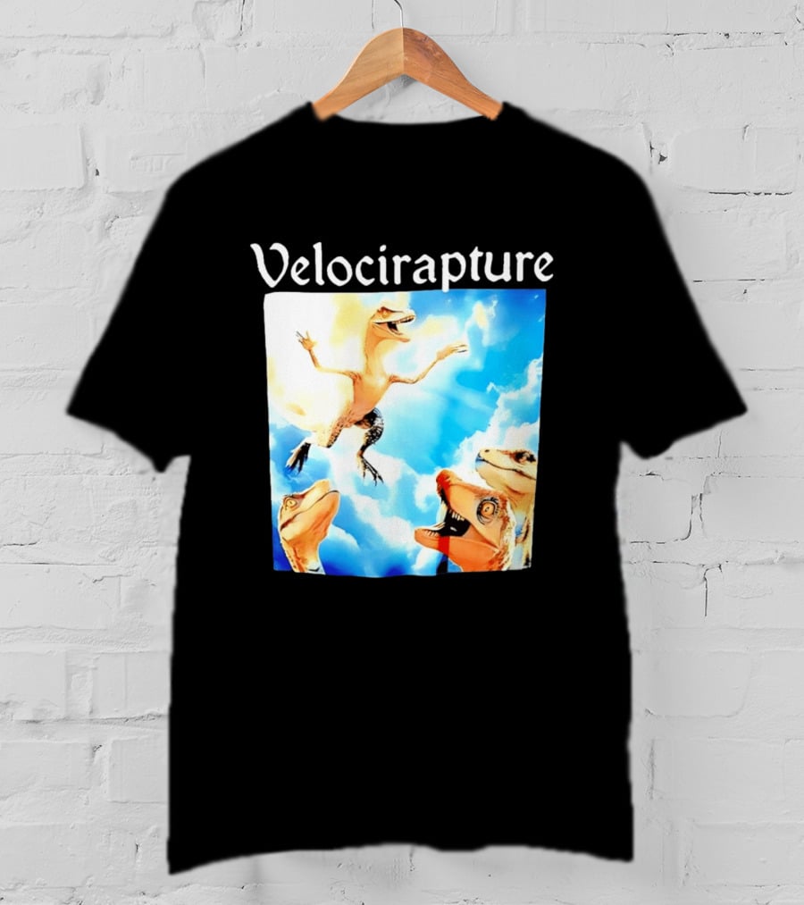 Velocirapture Dinosaur Raptor With Clouds And Blue Sky T-Shirt