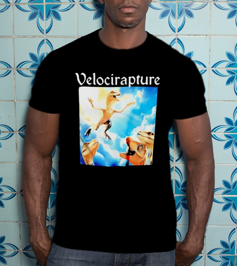 Velocirapture Dinosaur Raptor With Clouds And Blue Sky T-Shirt