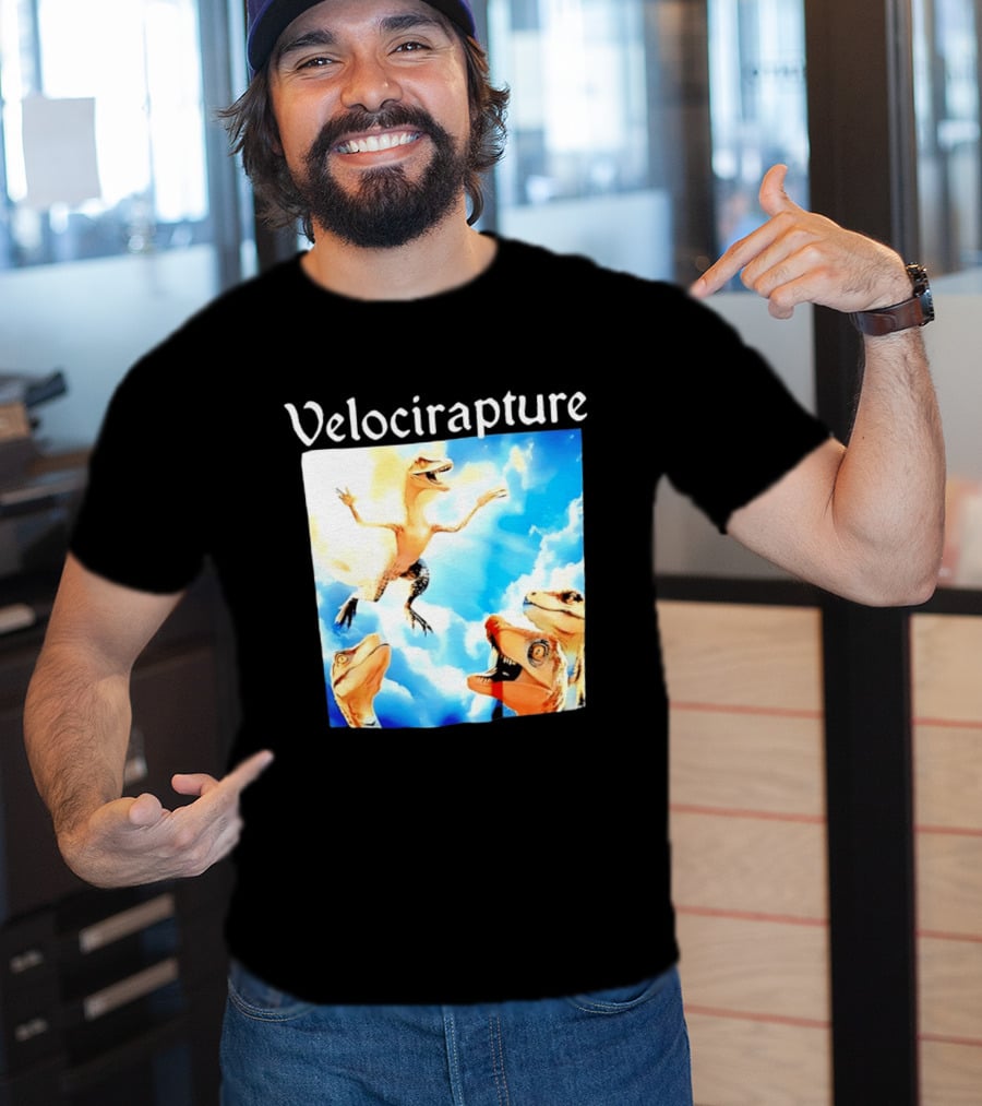 Velocirapture Dinosaur Raptor With Clouds And Blue Sky T-Shirt