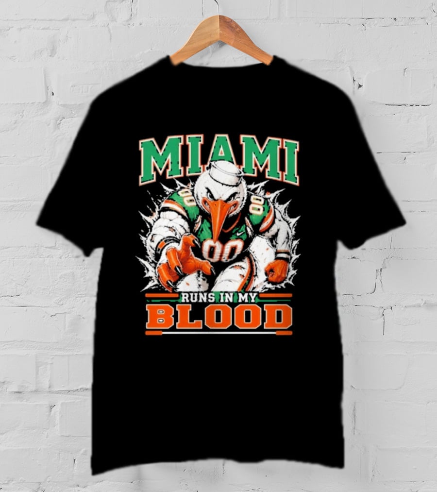Miami Hurricanes Runs In My Blood Sebastian The Ibis NCAA Football T-Shirt