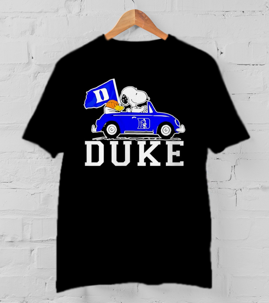 Snoopy And Woodstock Driving Duke Blue Car With Duke Blue Devils Flag T-Shirt