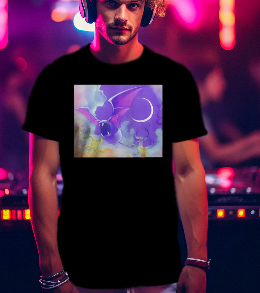 Spooky Bat With Pink Wings Flying Under Crescent Moon Halloween Night Scene T-Shirt