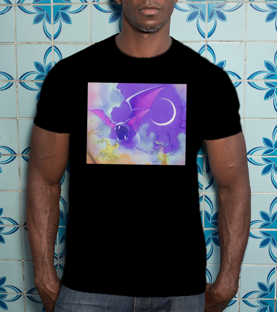 Spooky Bat With Pink Wings Flying Under Crescent Moon Halloween Night Scene T-Shirt