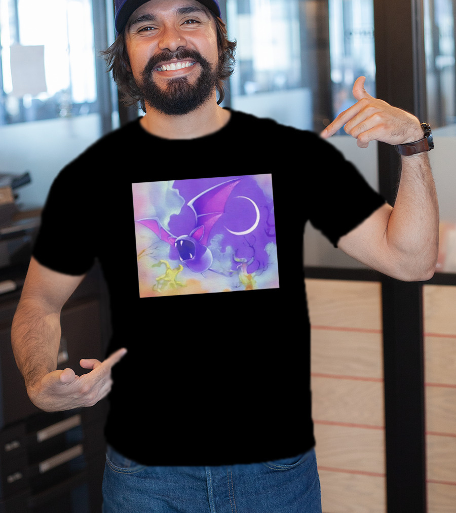 Spooky Bat With Pink Wings Flying Under Crescent Moon Halloween Night Scene T-Shirt