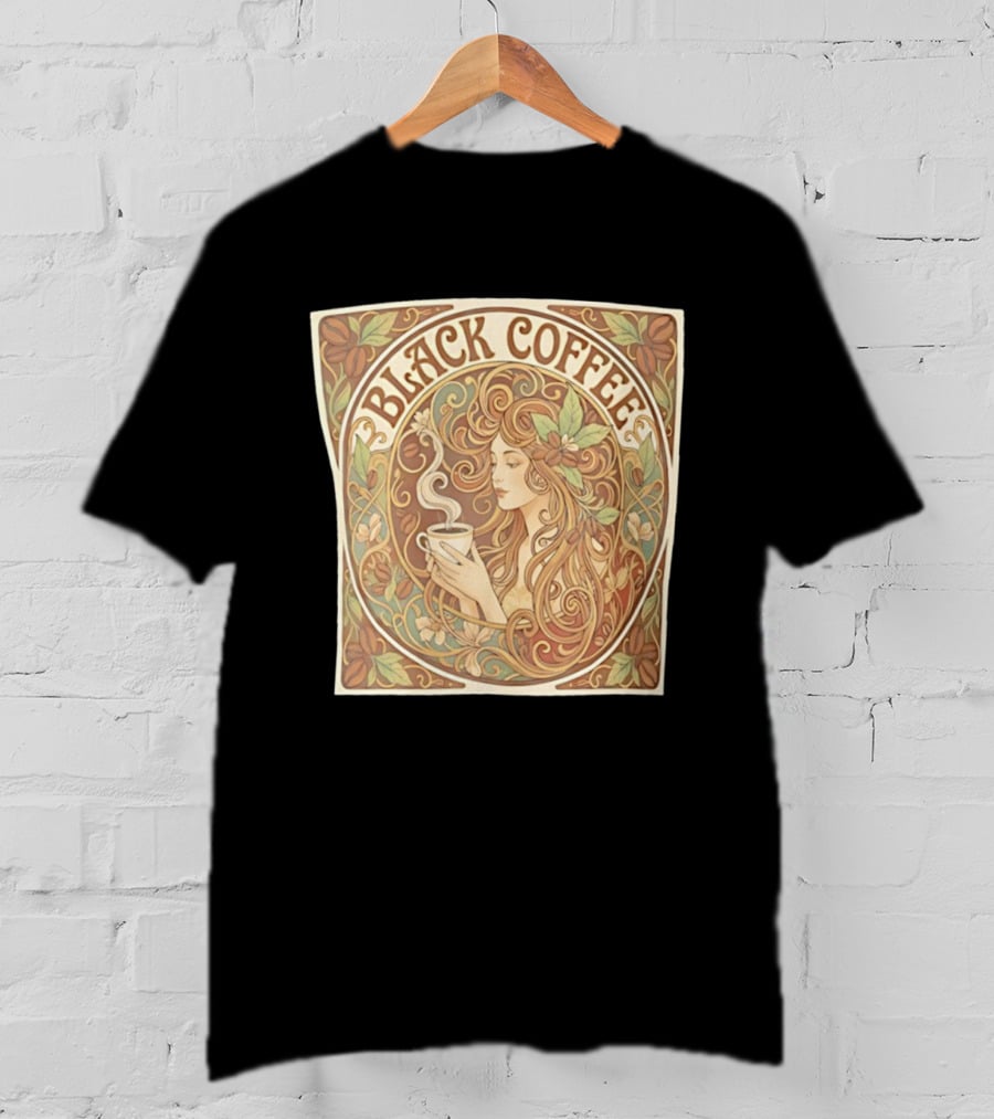 Black Coffee Nouveau Floral Steaming Art Deco T-Shirt