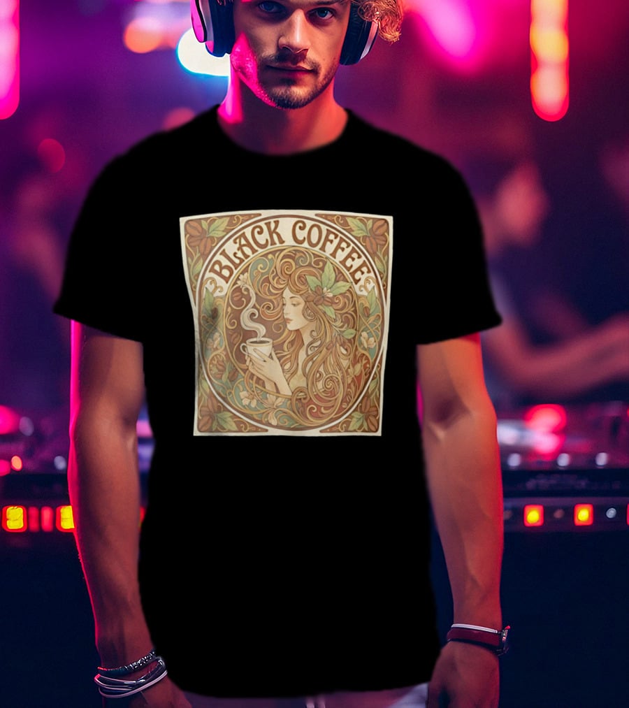 Black Coffee Nouveau Floral Steaming Art Deco T-Shirt