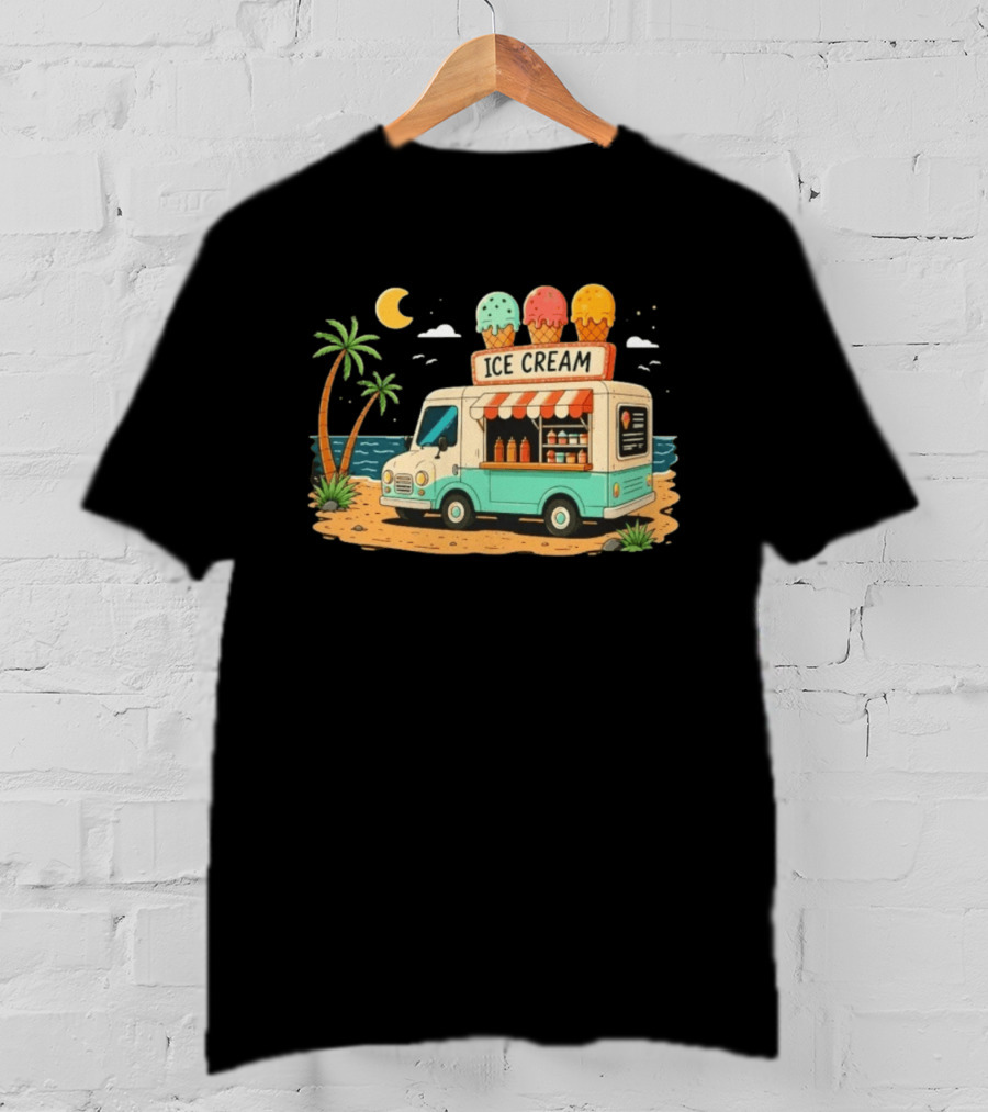 Ice Cream Truck Beach Night Tropical Ocean Summer Waves T-Shirt