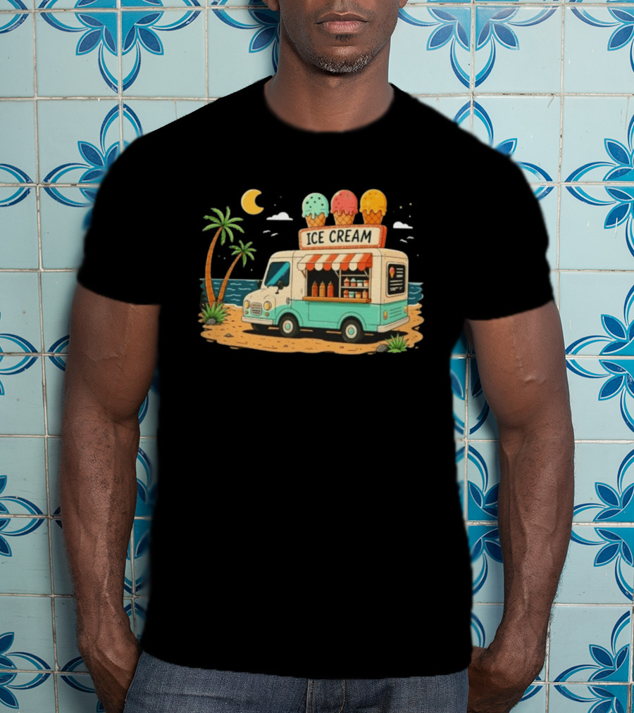 Ice Cream Truck Beach Night Tropical Ocean Summer Waves T-Shirt