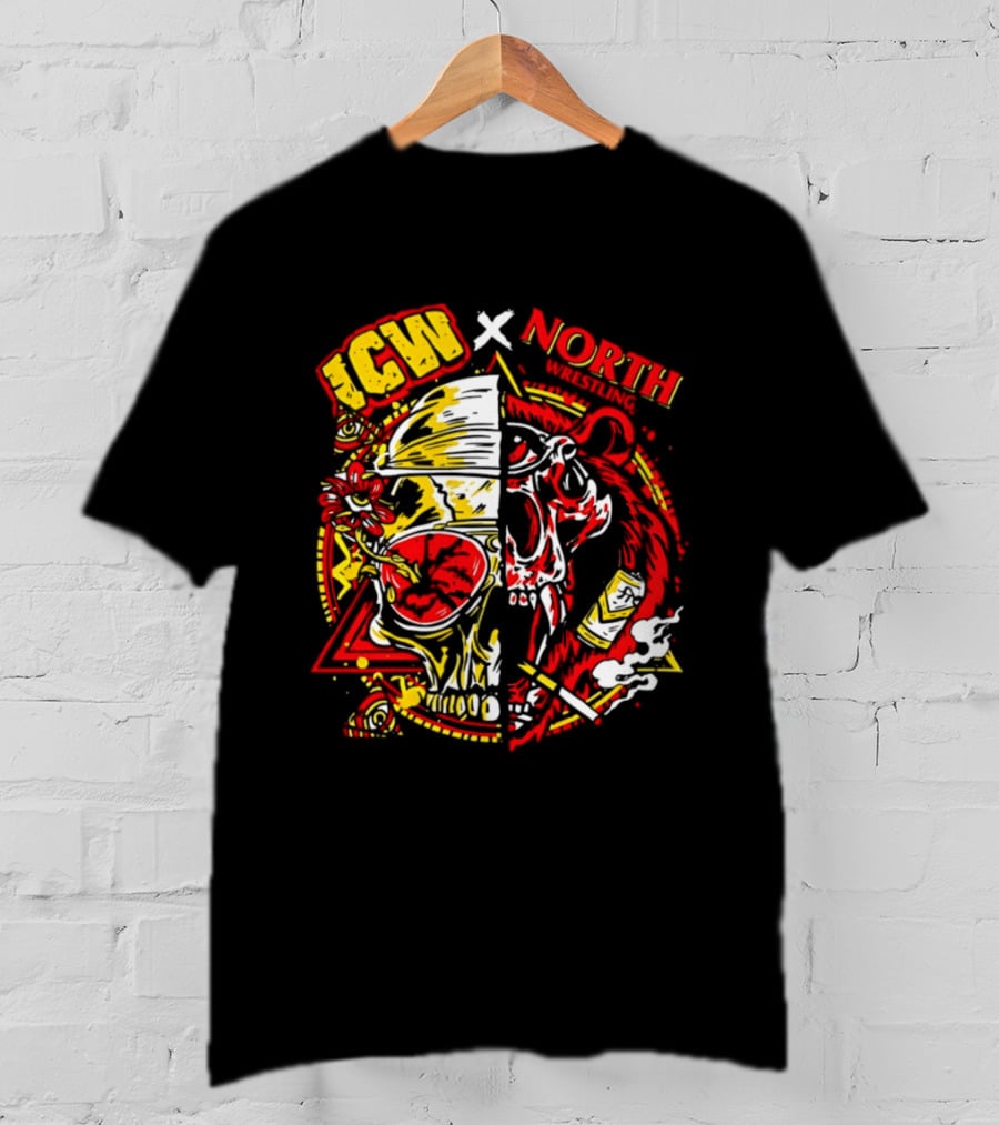 ICW X North Wrestling Split Skull Bear Head Concert Band T-Shirt