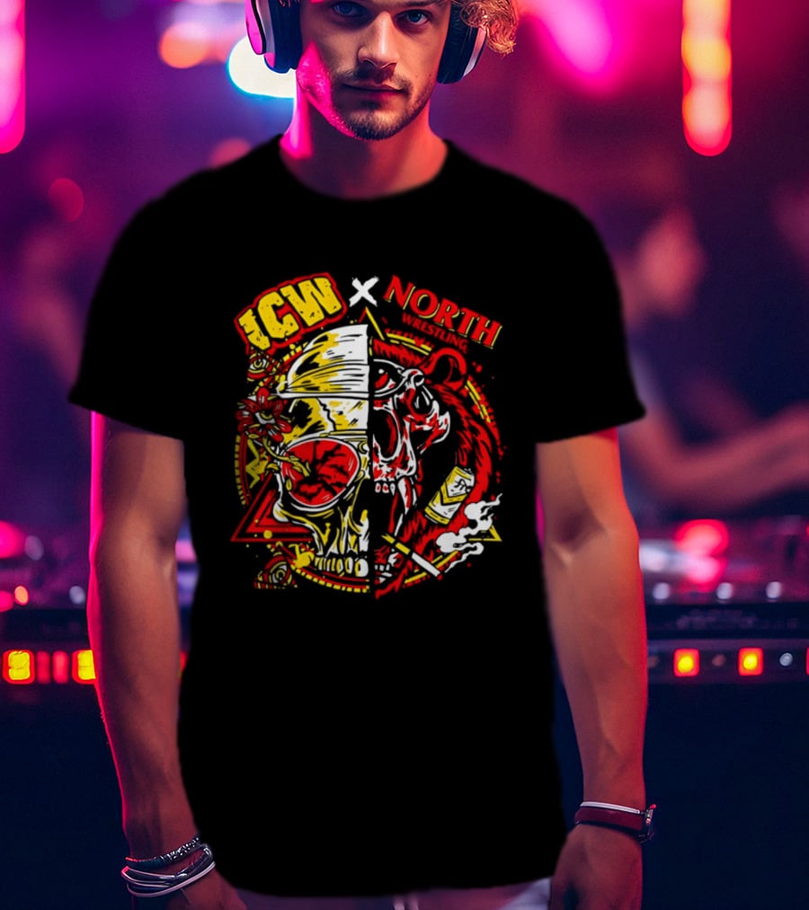 ICW X North Wrestling Split Skull Bear Head Concert Band T-Shirt