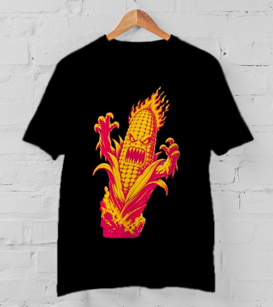 Fiery Mutant Corn Monster Kernels Of Terror Halloween Evil Cob T-Shirt