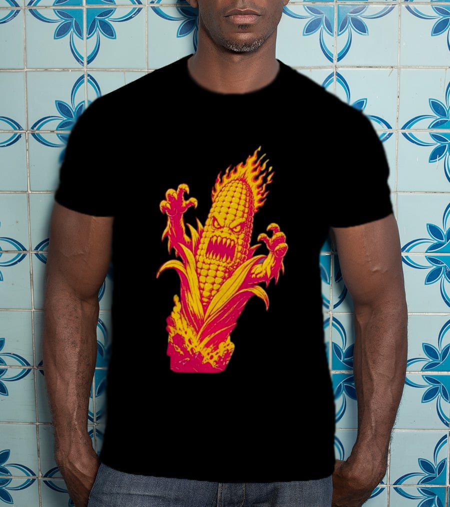 Fiery Mutant Corn Monster Kernels Of Terror Halloween Evil Cob T-Shirt