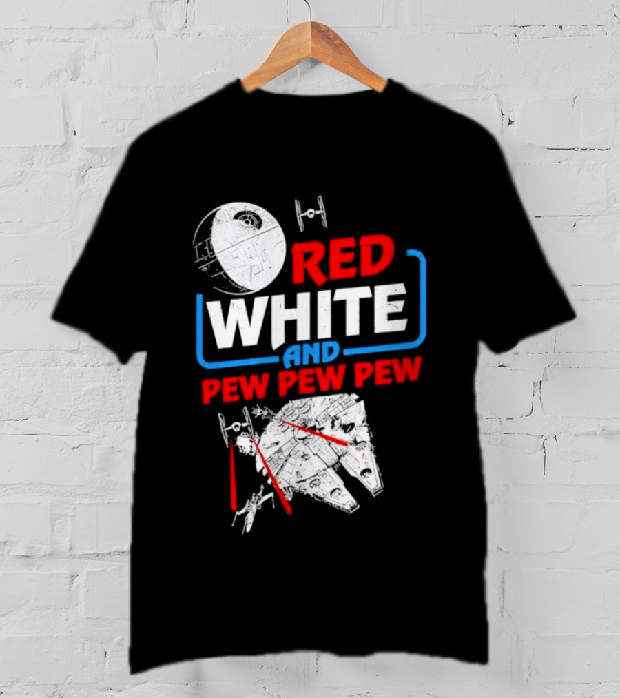Star Wars Millennium Falcon Red White And Pew Pew Pew Death Star Tie Fighter T-Shirt