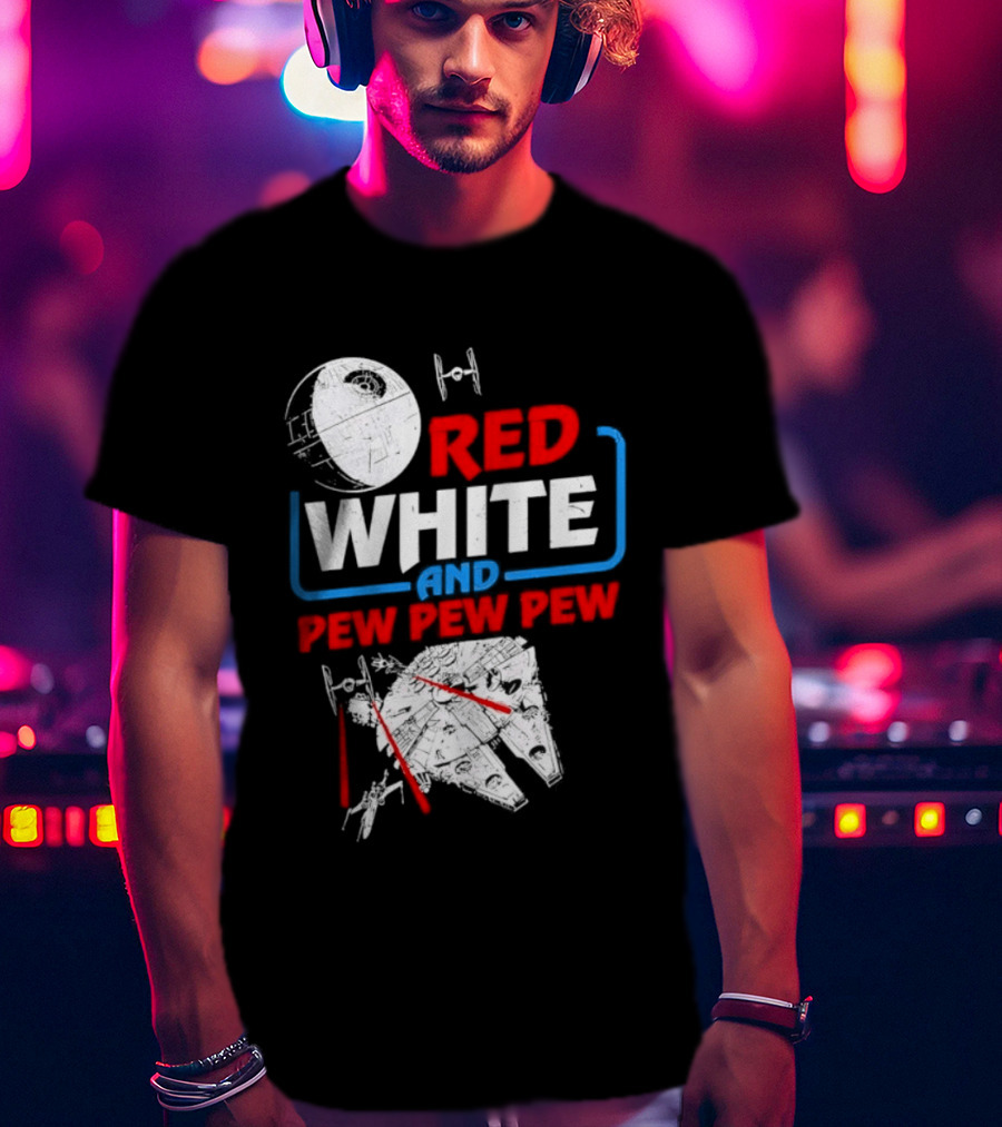 Star Wars Millennium Falcon Red White And Pew Pew Pew Death Star Tie Fighter T-Shirt