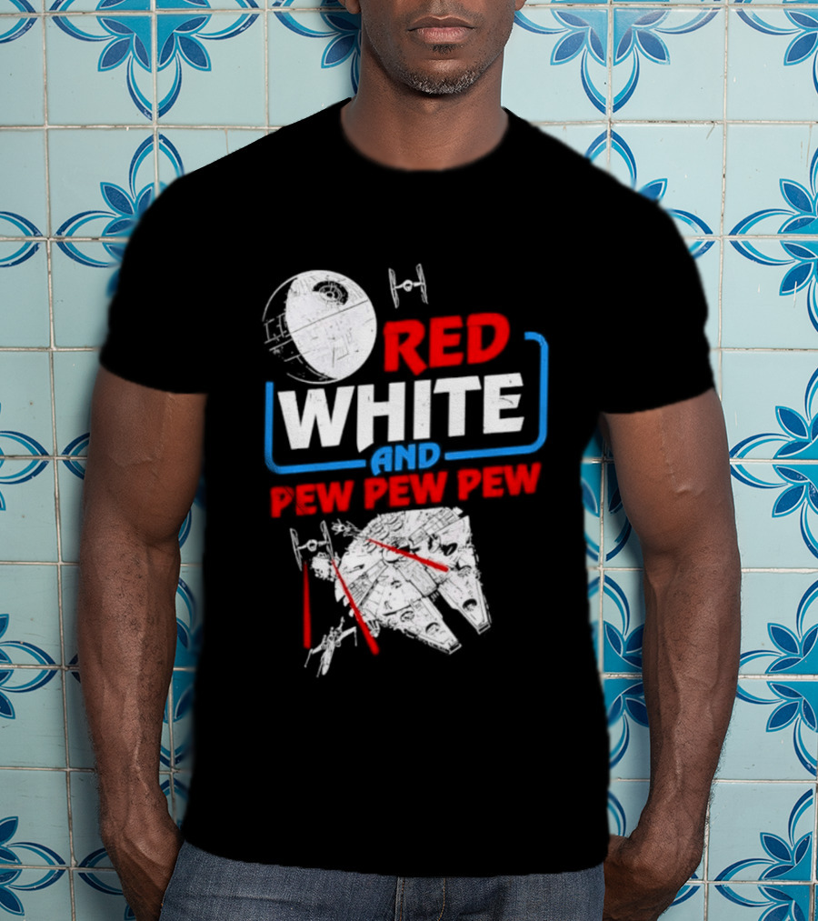 Star Wars Millennium Falcon Red White And Pew Pew Pew Death Star Tie Fighter T-Shirt