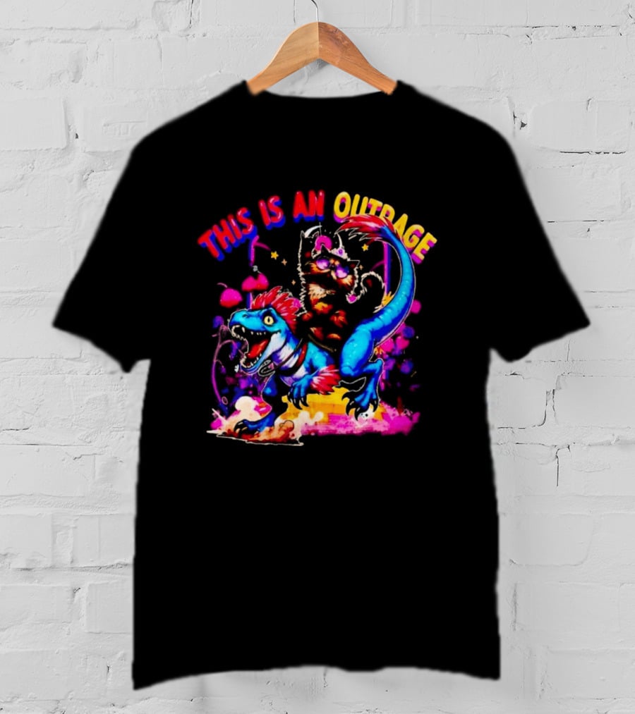 This Is An Outrage Cat Riding Blue Raptor Dinosaur Jurassic T-Shirt