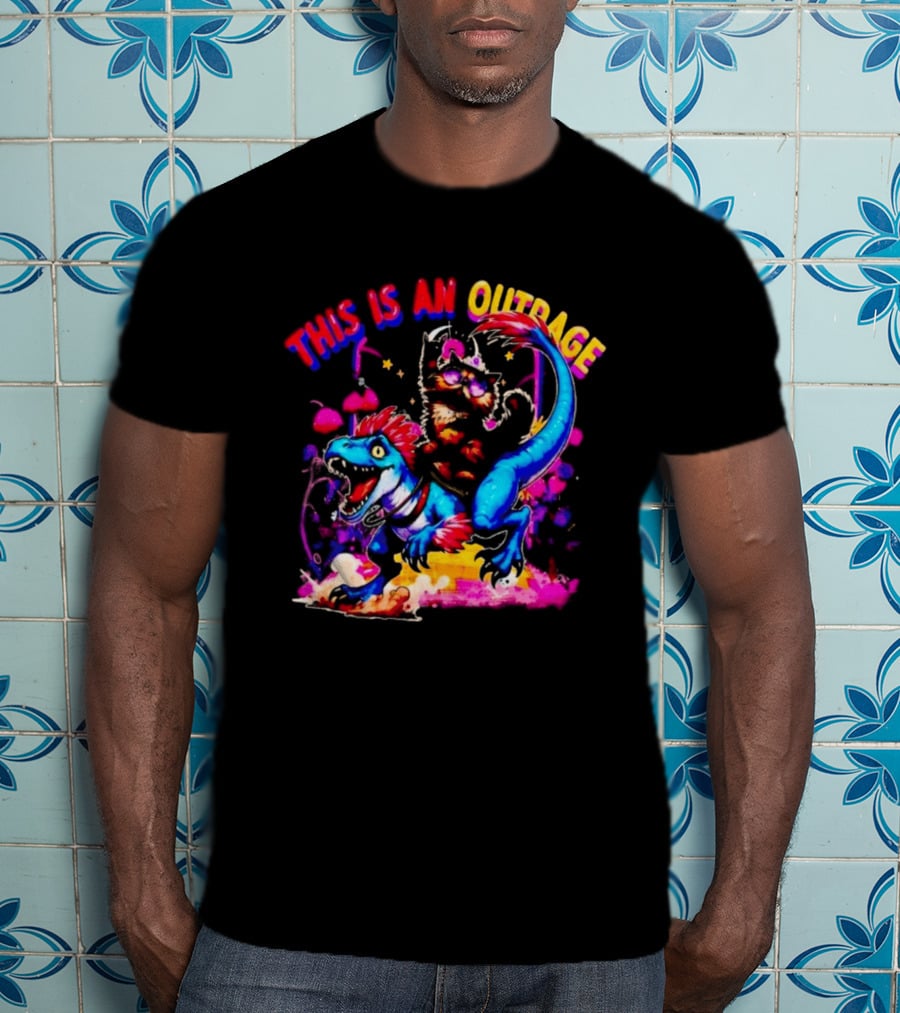 This Is An Outrage Cat Riding Blue Raptor Dinosaur Jurassic T-Shirt