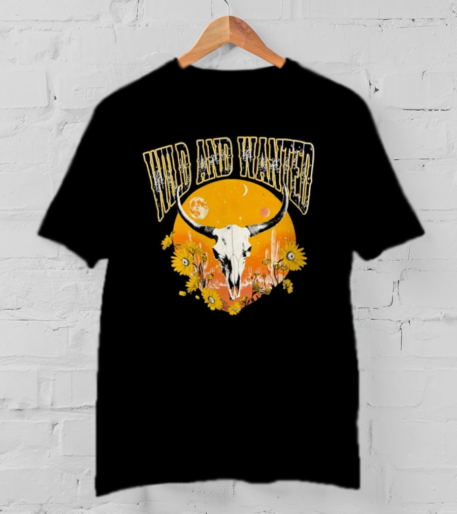 Wild And Wanted Bull Skull Sun Moon Desert Cactus Flowers Western Boho T-Shirt