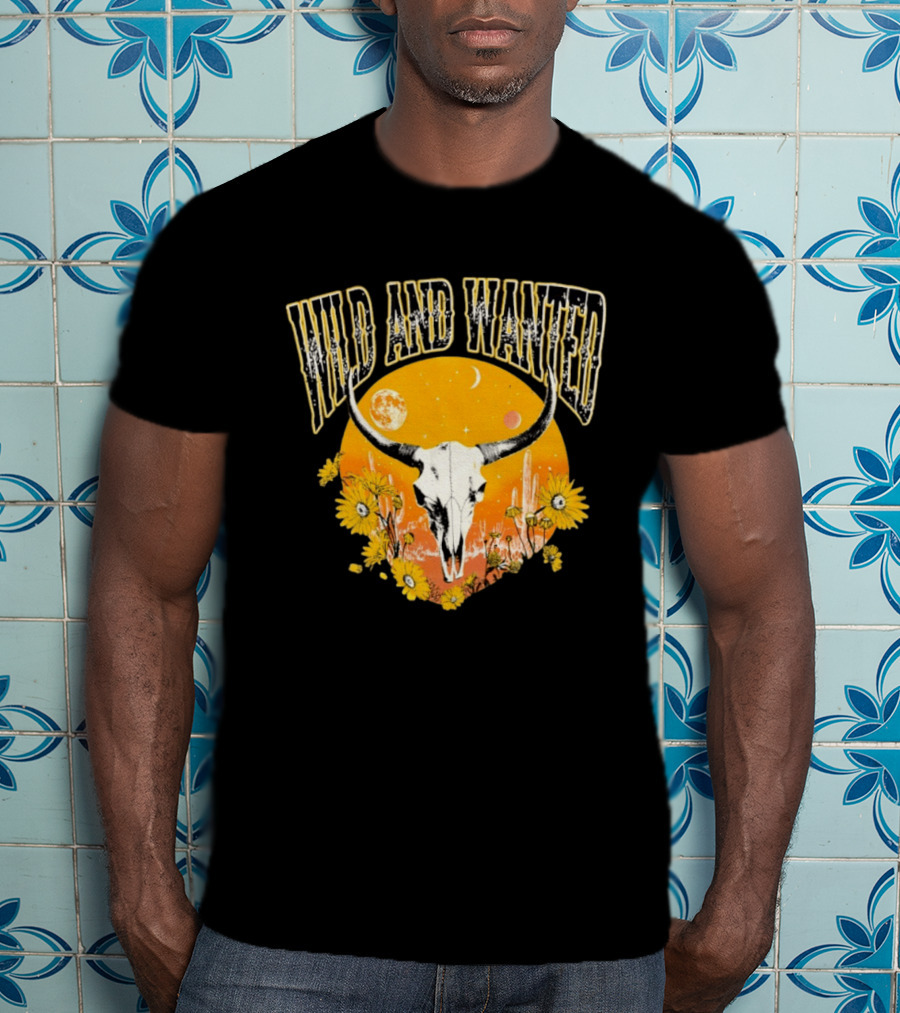 Wild And Wanted Bull Skull Sun Moon Desert Cactus Flowers Western Boho T-Shirt