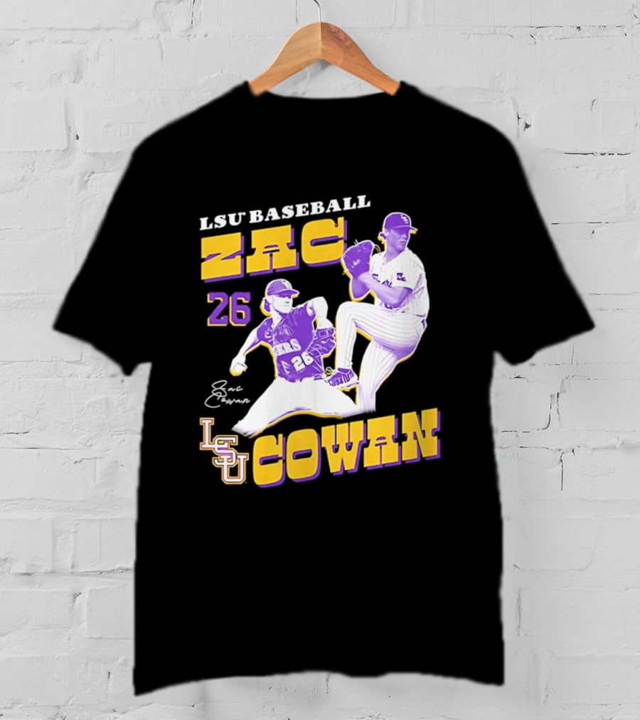 LSU Baseball Zac Cowan 26 Pitching Action Pose T-Shirt