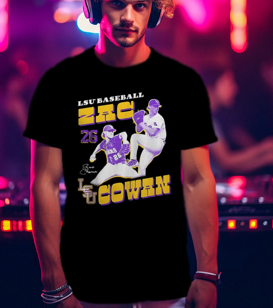 LSU Baseball Zac Cowan 26 Pitching Action Pose T-Shirt