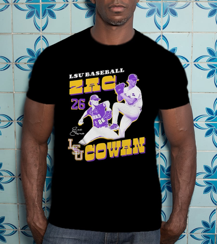 LSU Baseball Zac Cowan 26 Pitching Action Pose T-Shirt