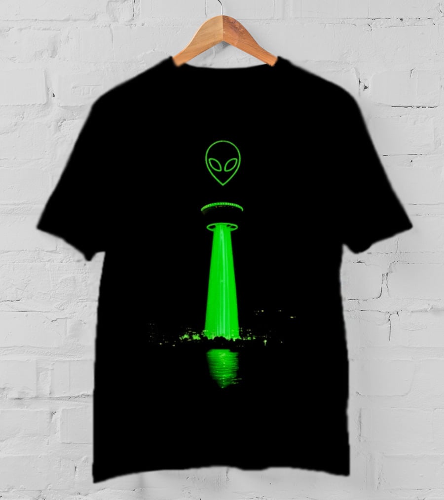 Victor Wamby Alien Spaceship Calgary Tower Abduction UFO Green Glow T-Shirt