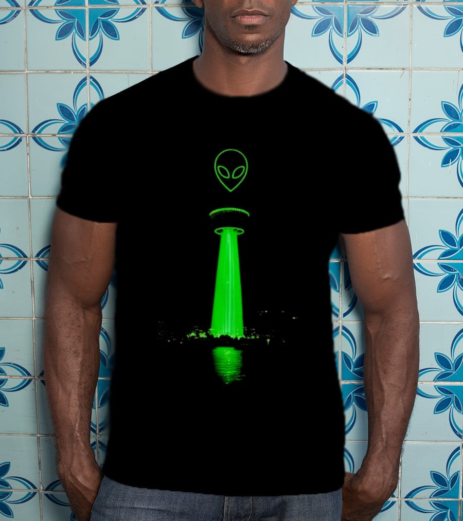 Victor Wamby Alien Spaceship Calgary Tower Abduction UFO Green Glow T-Shirt