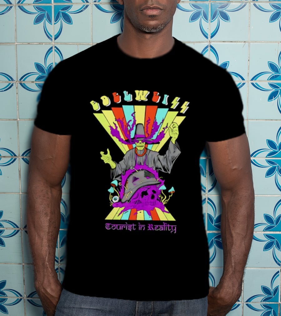 Edelweiss Skeleton Warlock Psychedelic Rainbow Tourist In Reality T-Shirt