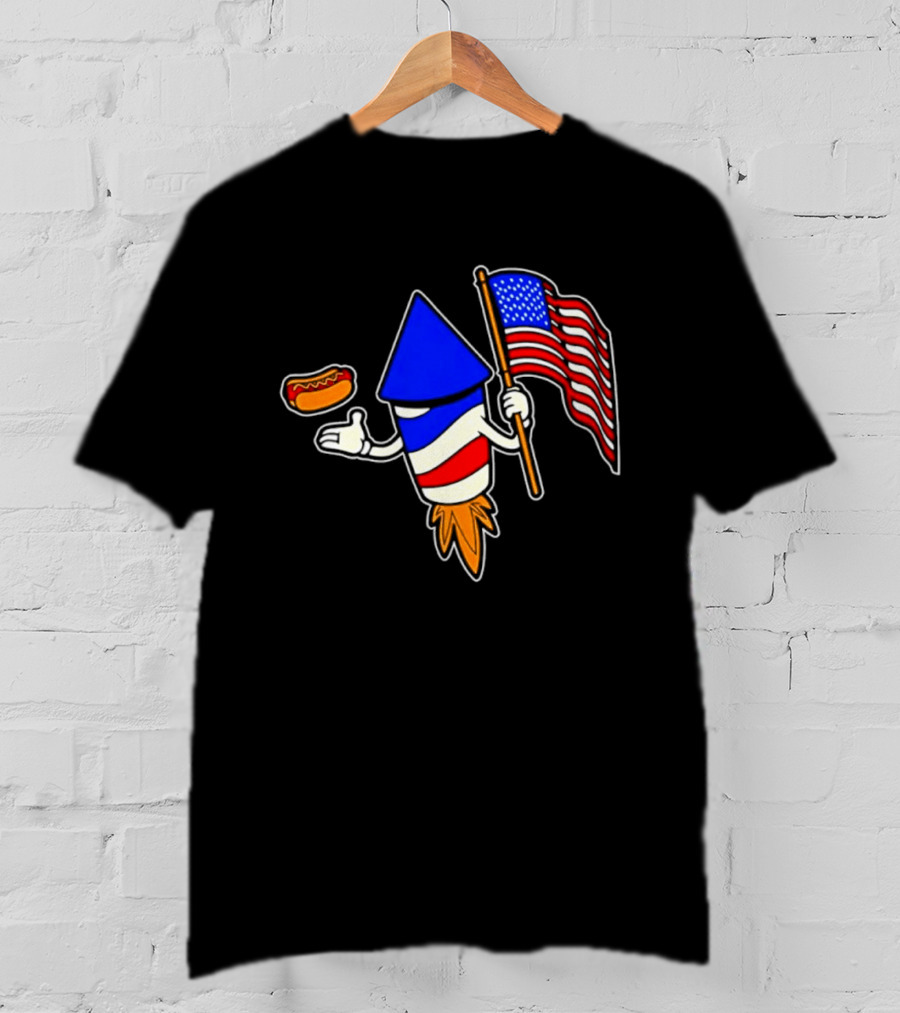 Fireworks Rocket American Flag And Hot Dog Celebration T-Shirt