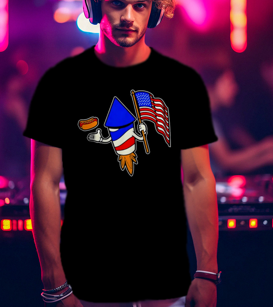 Fireworks Rocket American Flag And Hot Dog Celebration T-Shirt