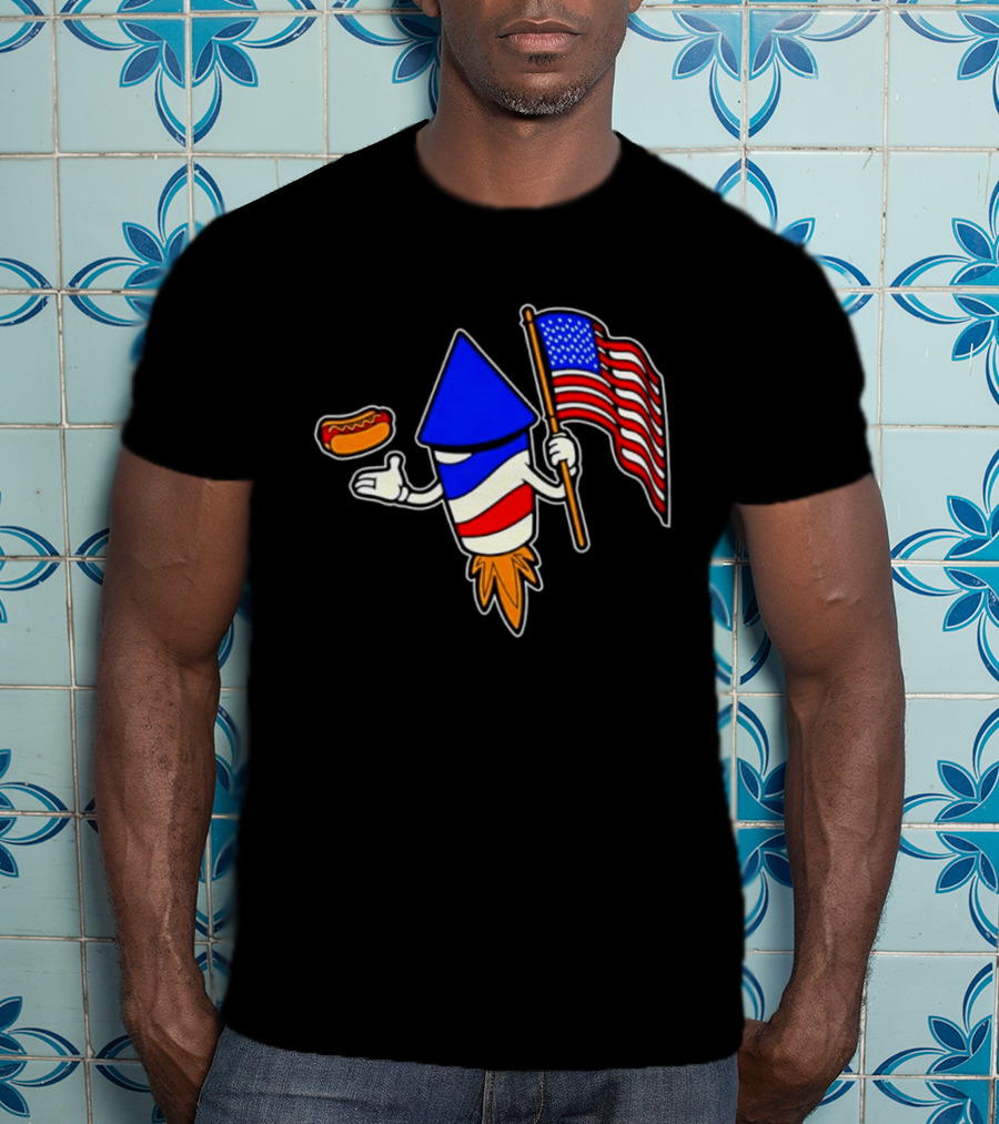 Fireworks Rocket American Flag And Hot Dog Celebration T-Shirt