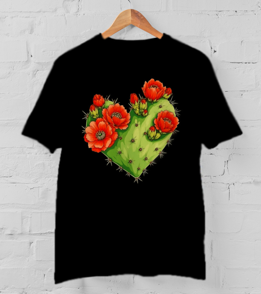 Heart Shaped Cactus With Vibrant Red Flowers T-Shirt