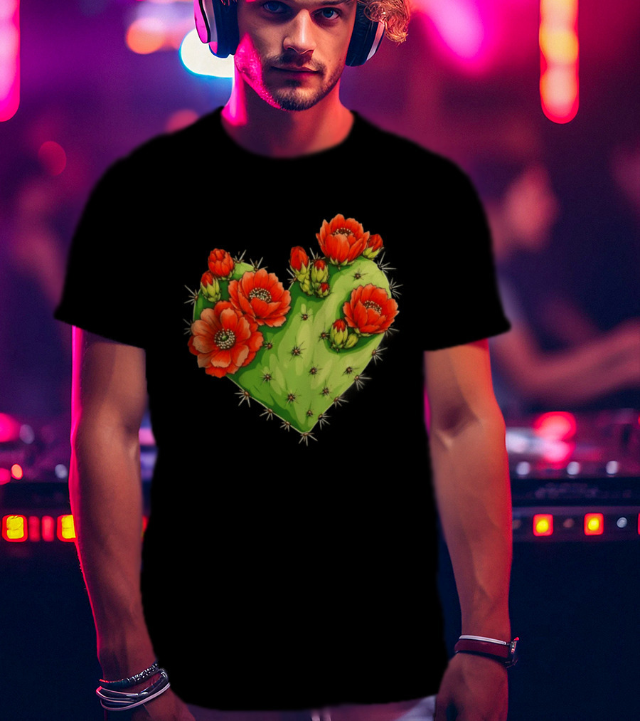 Heart Shaped Cactus With Vibrant Red Flowers T-Shirt