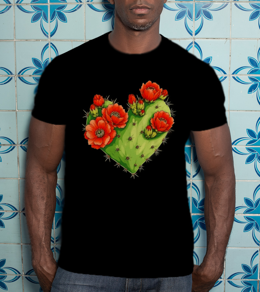 Heart Shaped Cactus With Vibrant Red Flowers T-Shirt
