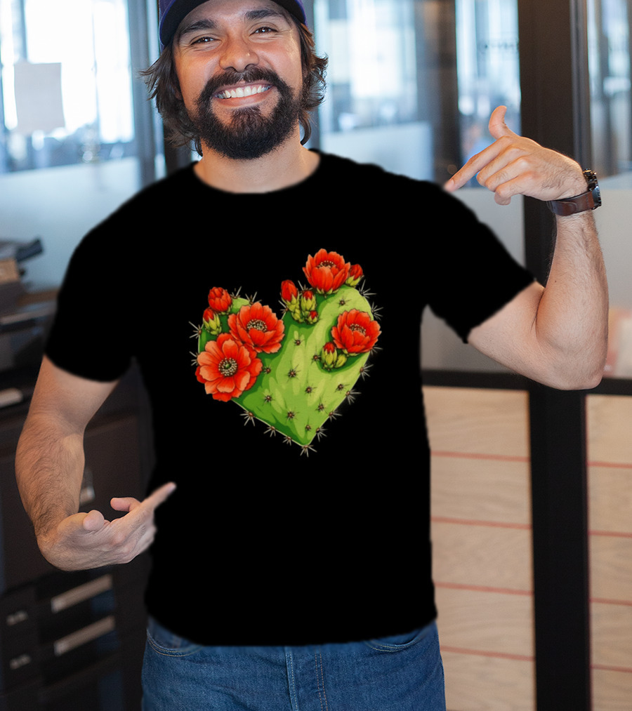 Heart Shaped Cactus With Vibrant Red Flowers T-Shirt