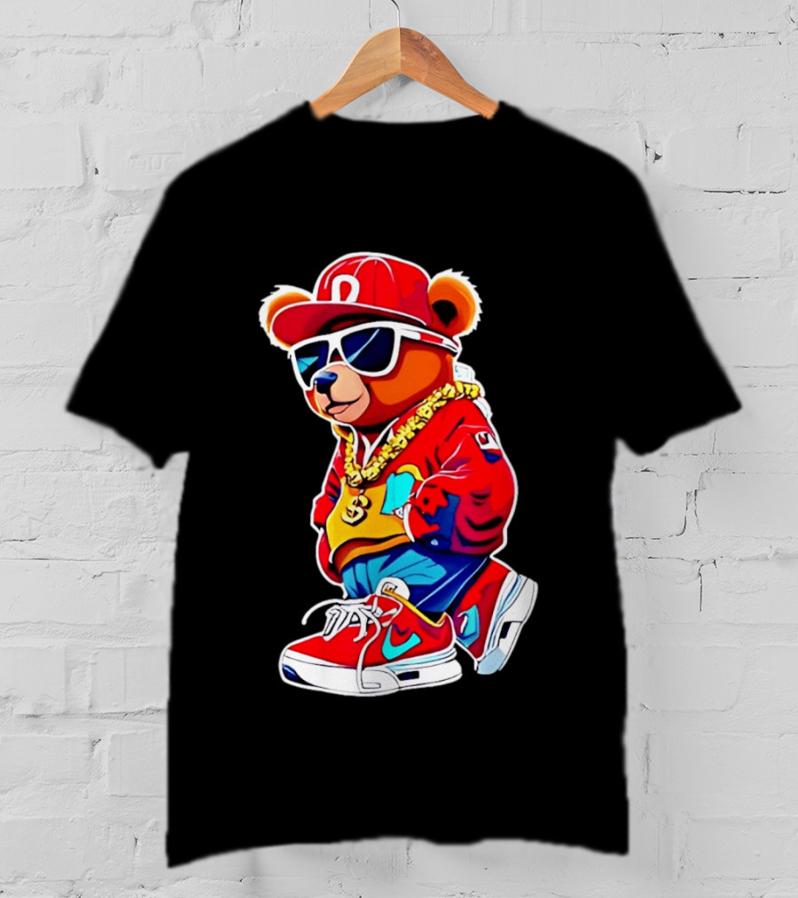Hip Hop Teddy Bear Swag With Red Cap And Sunglasses T-Shirt