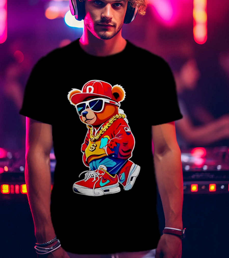 Hip Hop Teddy Bear Swag With Red Cap And Sunglasses T-Shirt